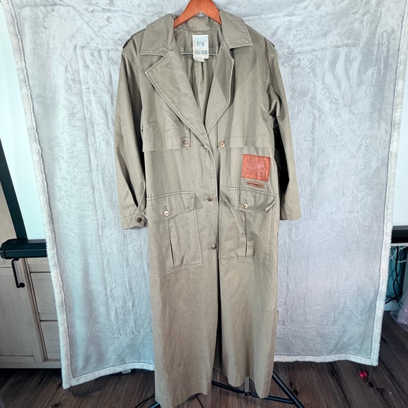 Together womens long trench coat khaki size 8 genuine leather trim vintage - Picture 2 of 9